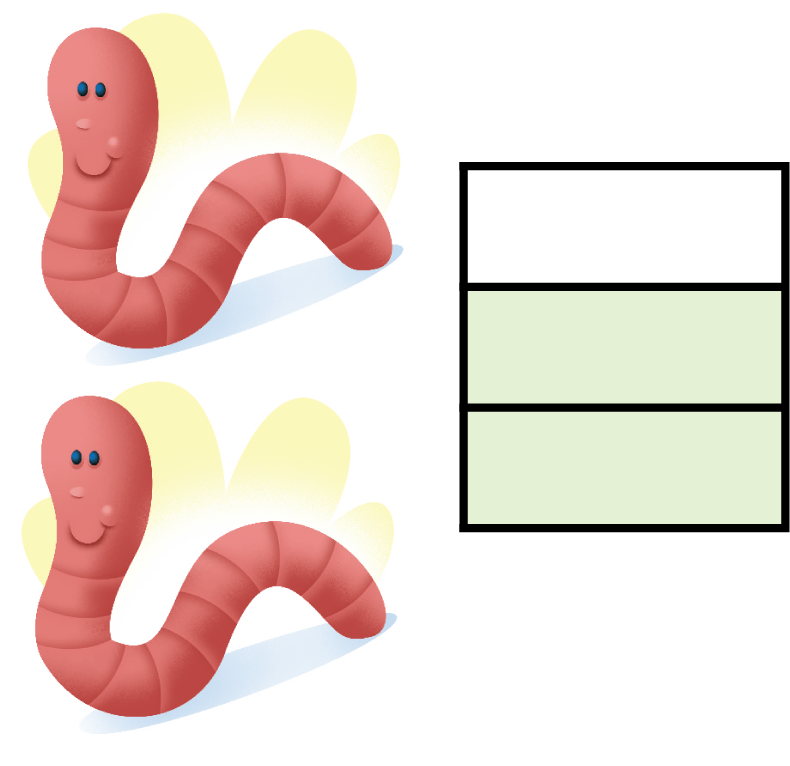 2 worms next to 3 boxes. 2 of the boxes are colored.