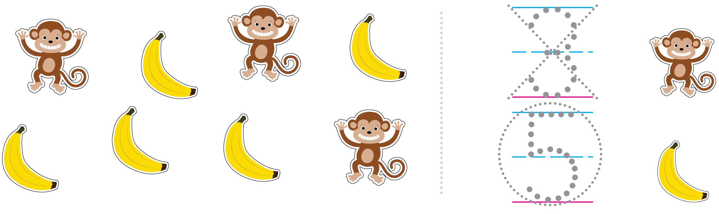 A group of 3 monkeys and 5 bananas.