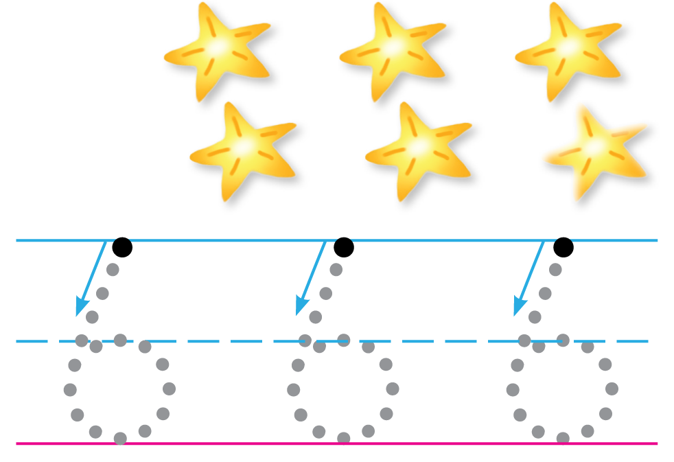 A group of 6 sea stars. Below, dot prompts for writing the number 6 three times.