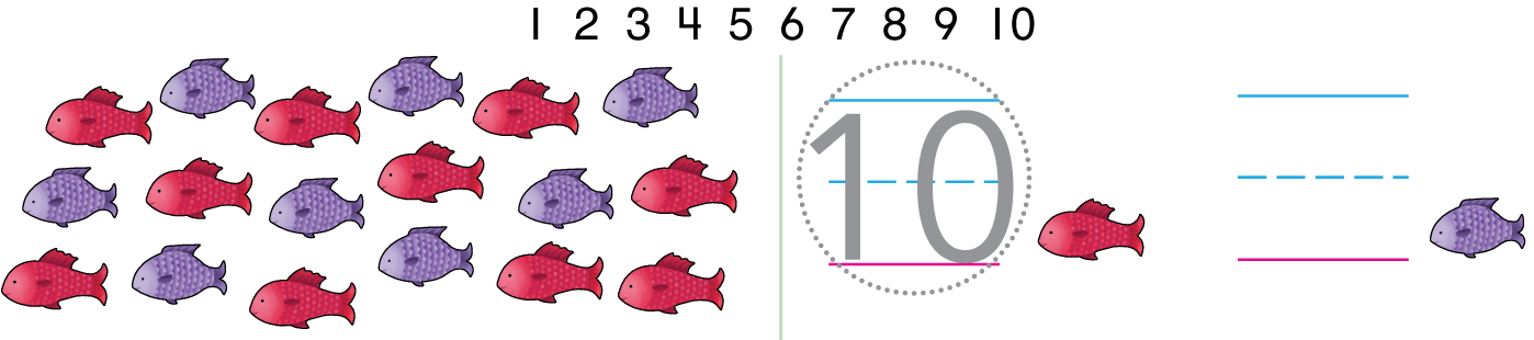 A group of 10 red fish and 8 purple fish.
