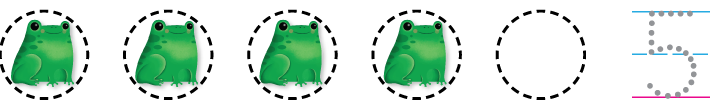 5 circles. There are 4 frogs in the first 4 circles. The last circle is empty. There is a dot prompt to write the number 5.