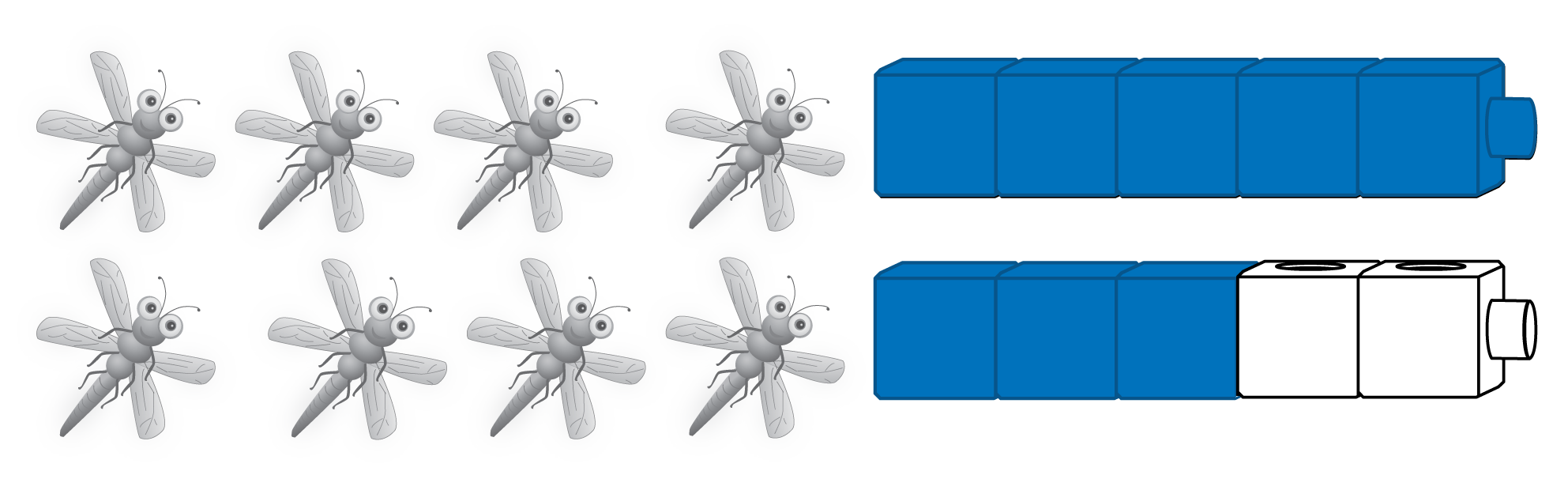 8 insects. 10 connecting cubes with 8 shaded.