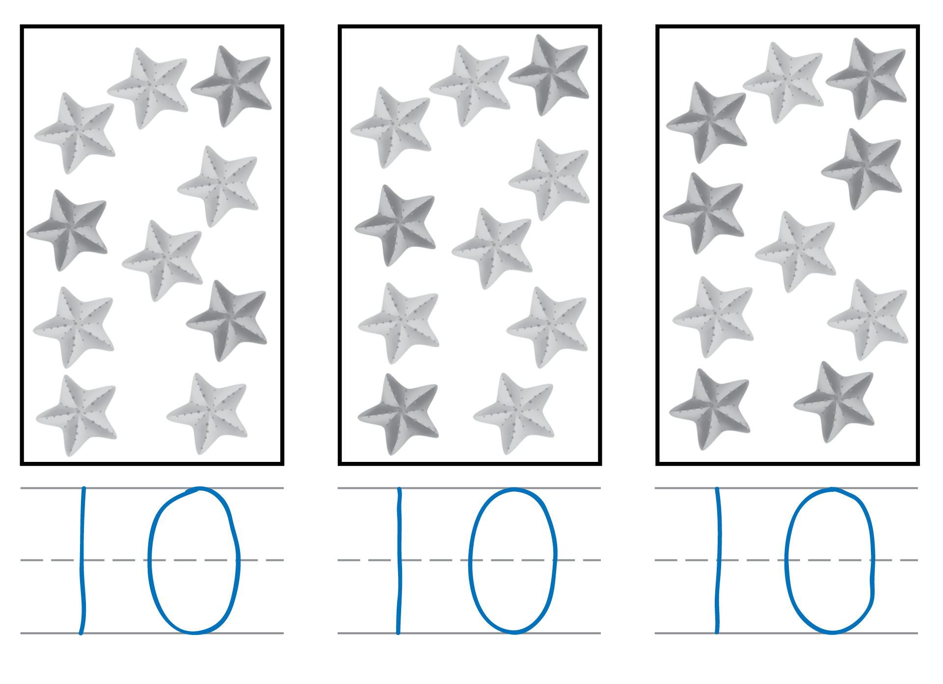 3 groups of sea stars with a number written under each group.