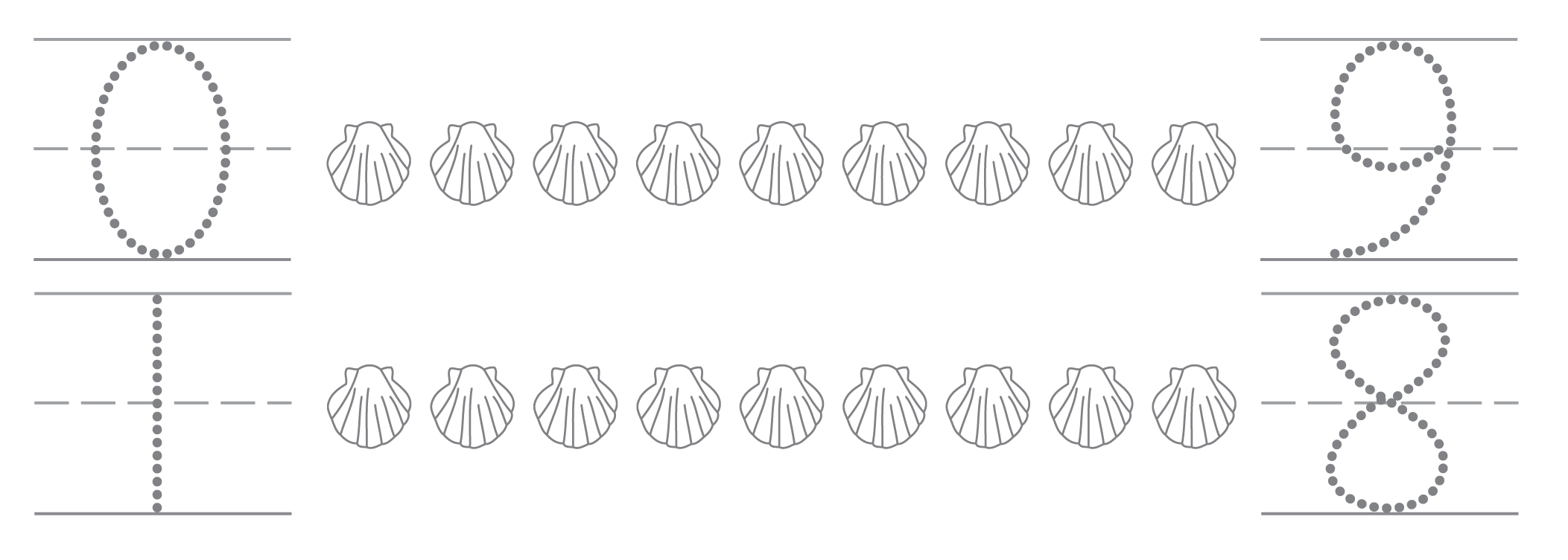  Row 1: 0 shells colored. 9 written. Row 2: 1 shell colored. 8 written.