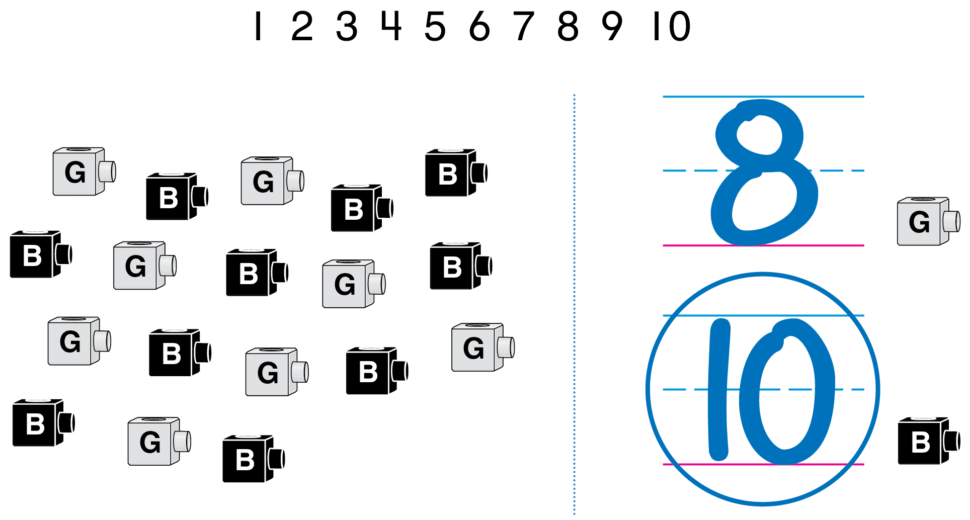A group of 8 light cubes and 10 dark cubes.