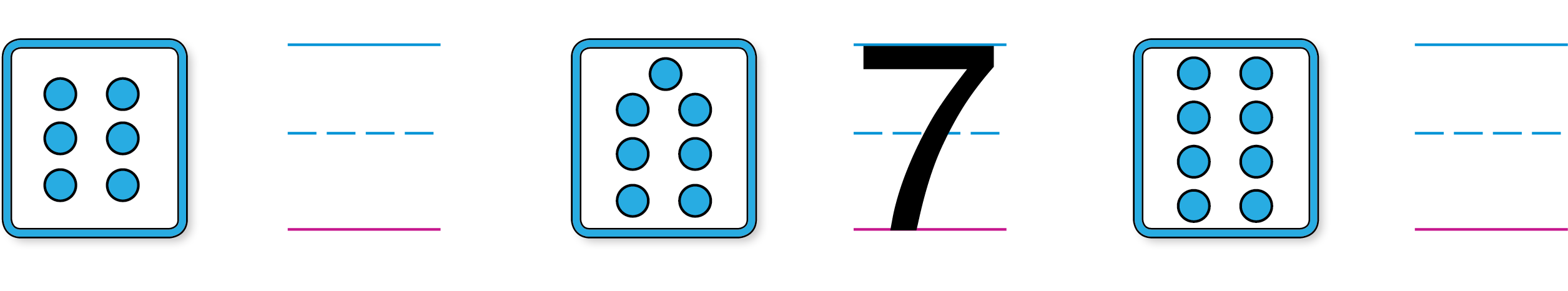 6 dots and space to write a number. 7 dots and the number 7. 8 dots and space to write a number.