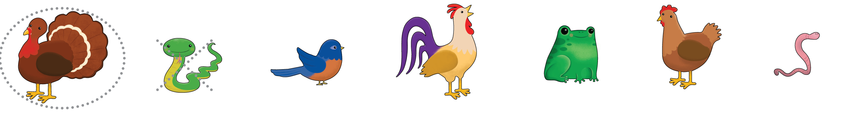 6 animals: turkey, snake, bluebird, rooster, frog, hen, worm. Dots prompt a circle around turkey and an X on snake.