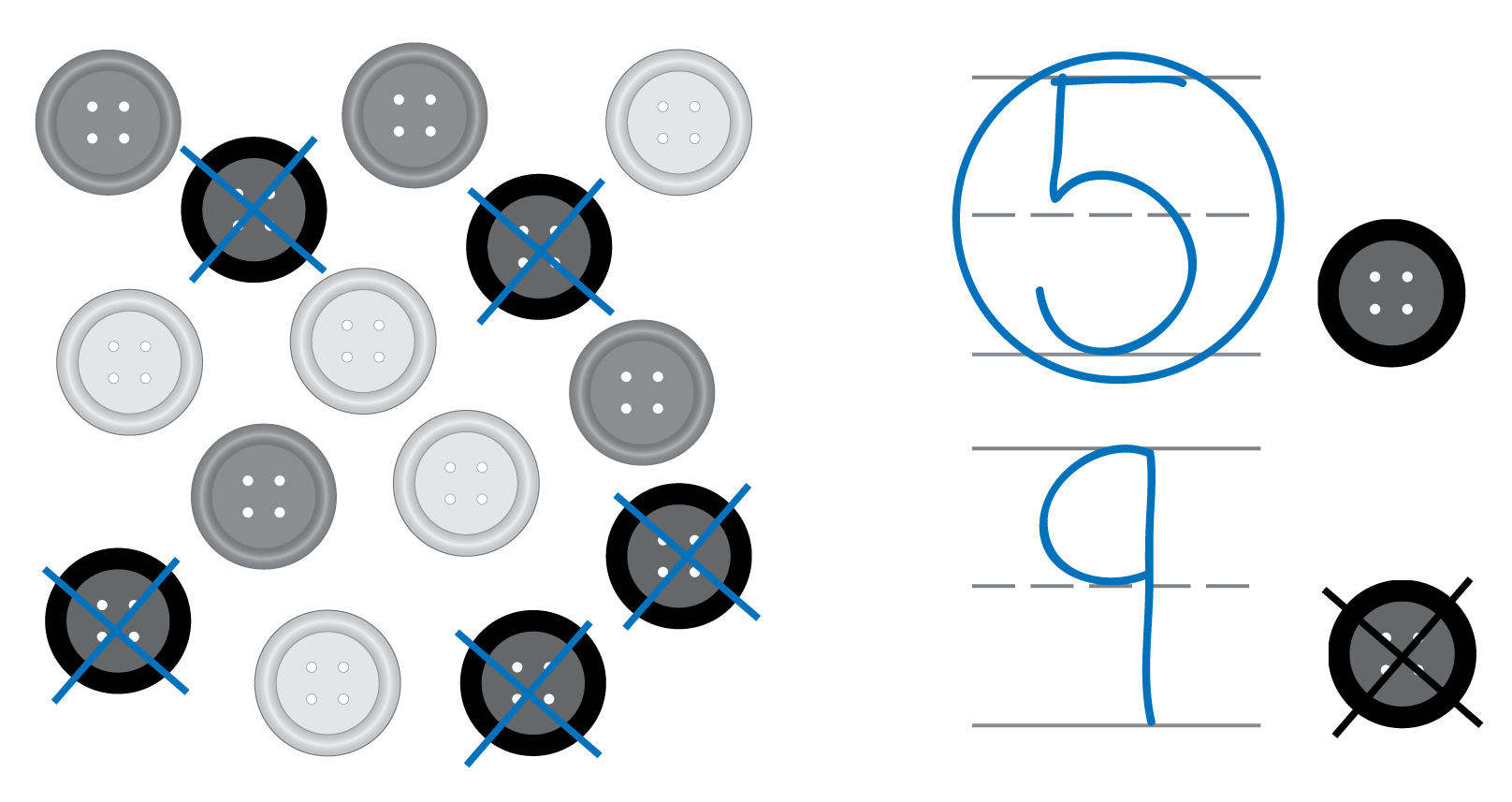 A group of 5 black and 9 not black buttons.