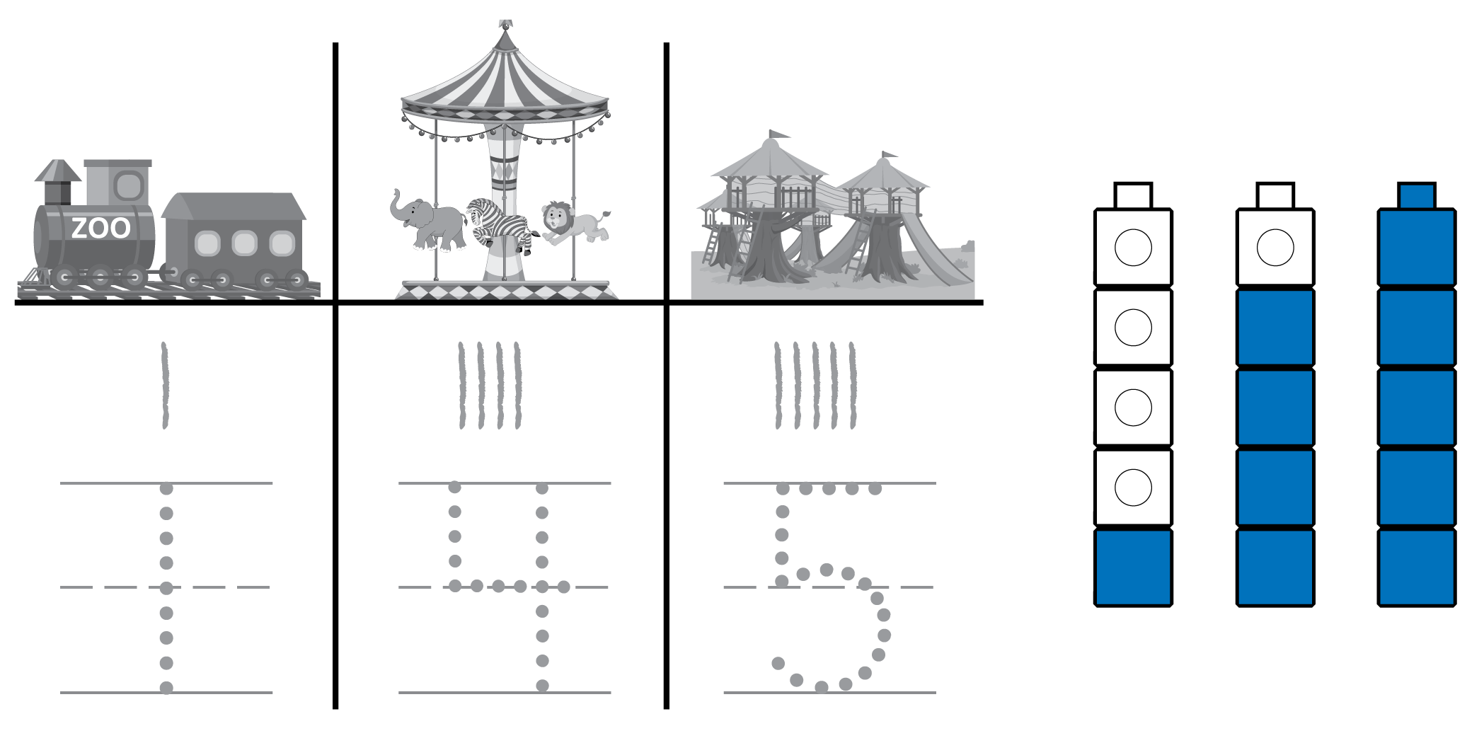 Tallies and cubes showing 1 train, 4 carousels, 5 playgrounds.