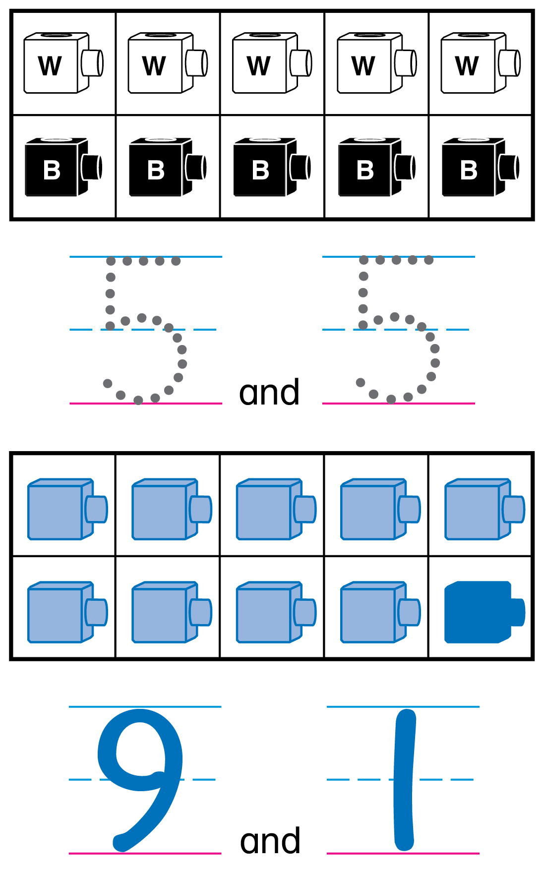 A 10 frame with 5 white cubes and 5 black cubes. Below, the text 5 and 5. A 10 frame with 9 white cubes and 1 blue cube. Below, the text 9 and 1.