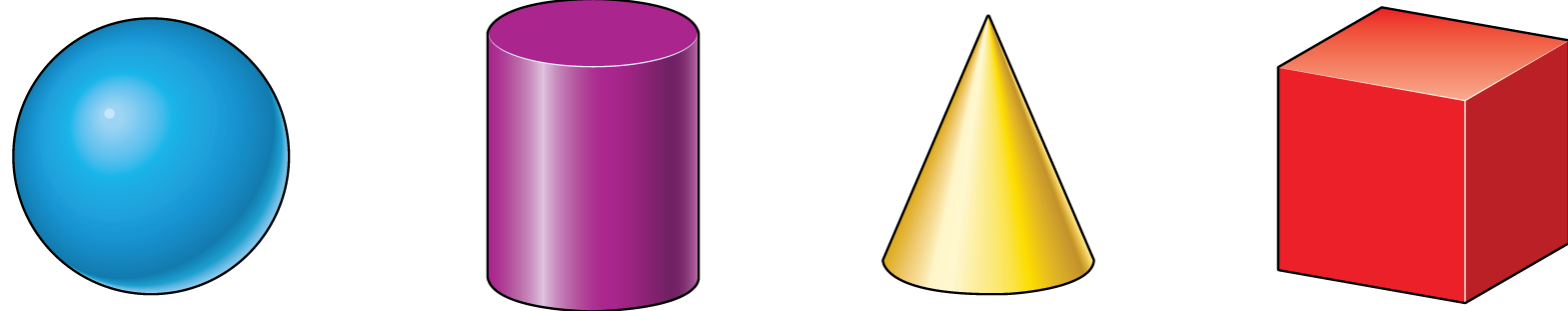 A sphere, a cylinder, a cone, and a cube. 