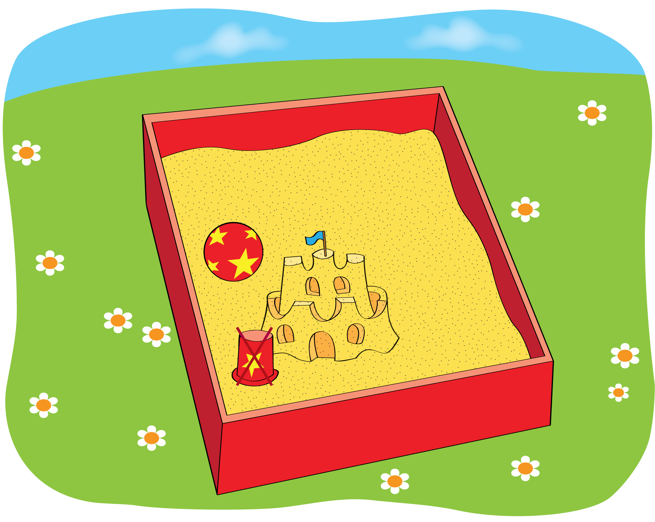 A sandbox with a ball, a sandcastle, and cylinder shape in it. There is an X on the cylinder. 