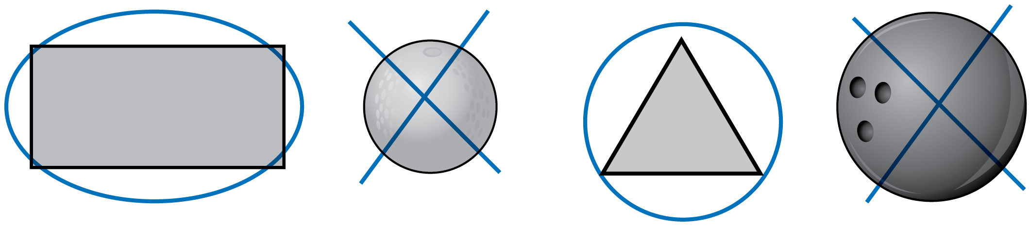 A rectangle, a sphere, a triangle, and another sphere. The rectangle and triangle are circled. There are Xs on the two spheres.