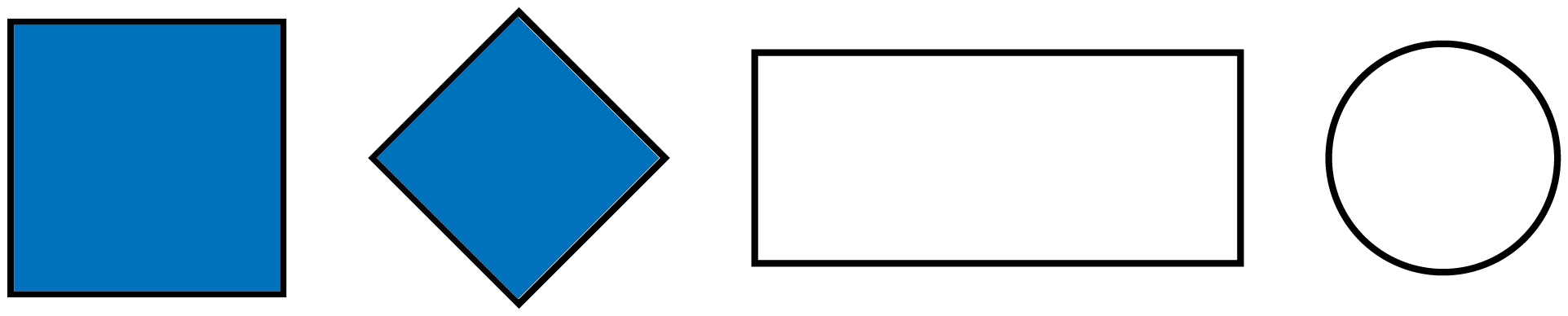 Two squares, a rectangle, and a circle. The squares are colored in.