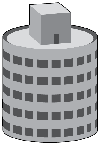 A building shaped like a cylinder, with a cube on top that has a rectangular door.