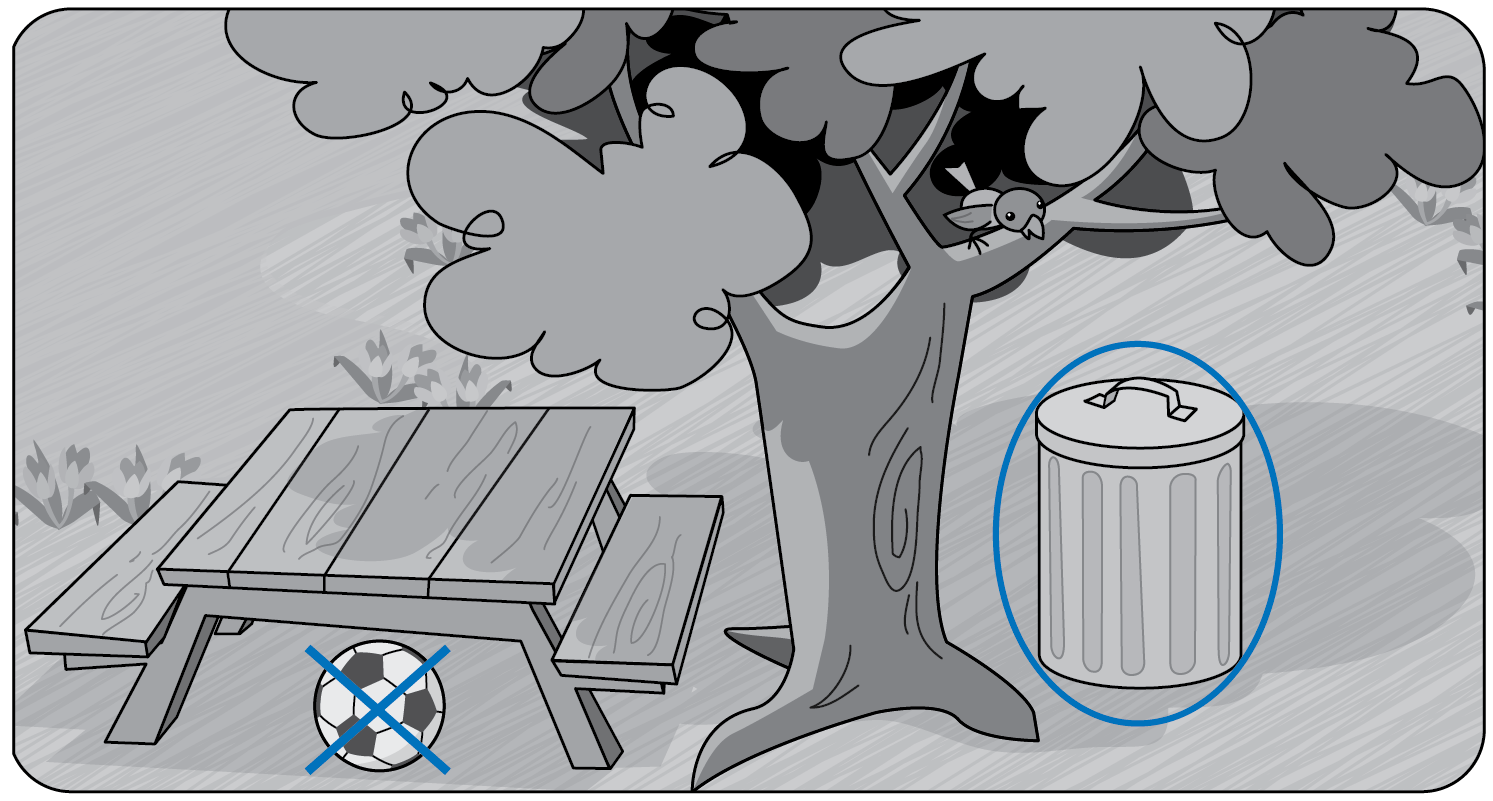 A park with a picnic table and a tree. Under the picnic table is a soccer ball, which has an X on it. Next to the tree is a trash can that is circled.