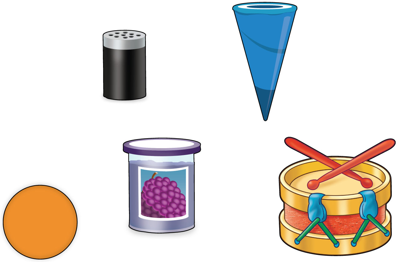 A circle, a pepper shaker, an ice cream cone, a jam jar, and a drum. 