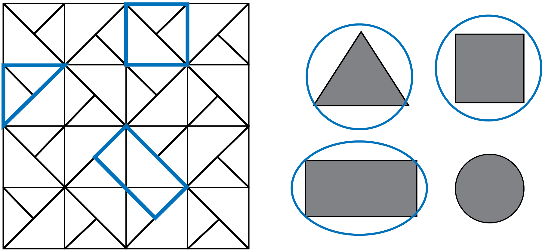 On the left, a quilt square made up of triangles, squares, and rectangles. A triangle made of two other triangles is traced. A square made of three triangles is traced. A rectangle made of three triangles. On the right, a triangle, square, rectangle, and circle. The triangle, square, and rectangle are circled.