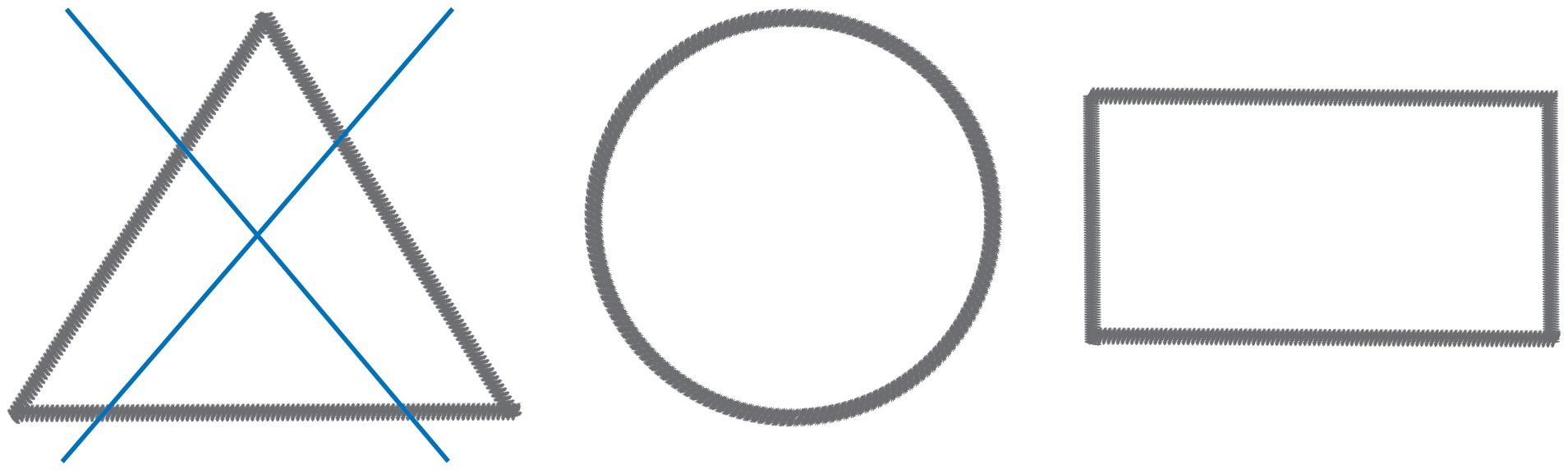 A triangle, a circle, and a rectangle. There is an X over the triangle.