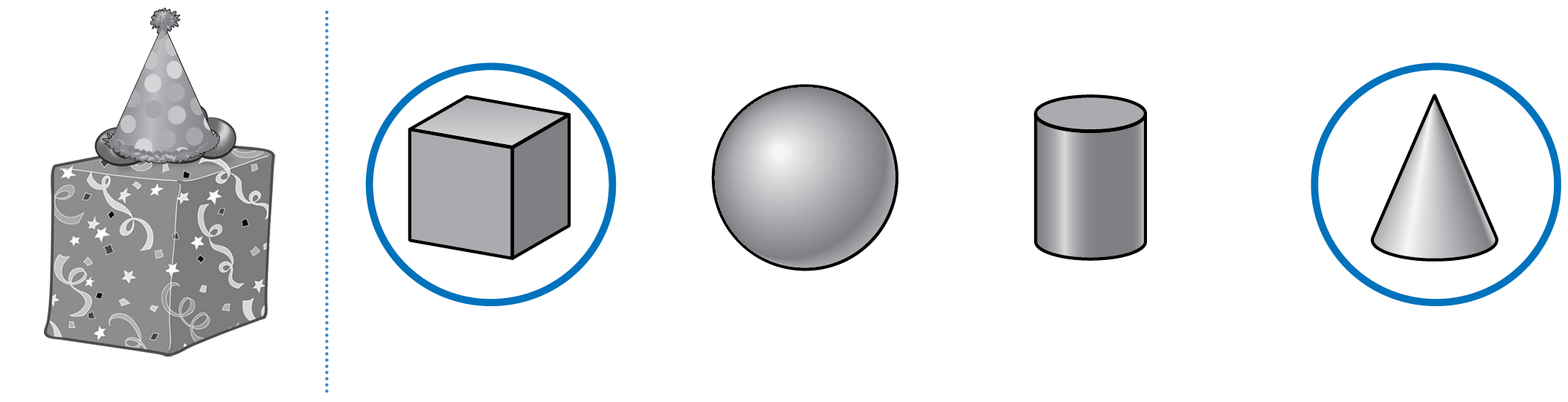 On the left, a wrapped box and a party hat. On the right, a cube, sphere, cylinder, and cone. The cube and cone are circled.