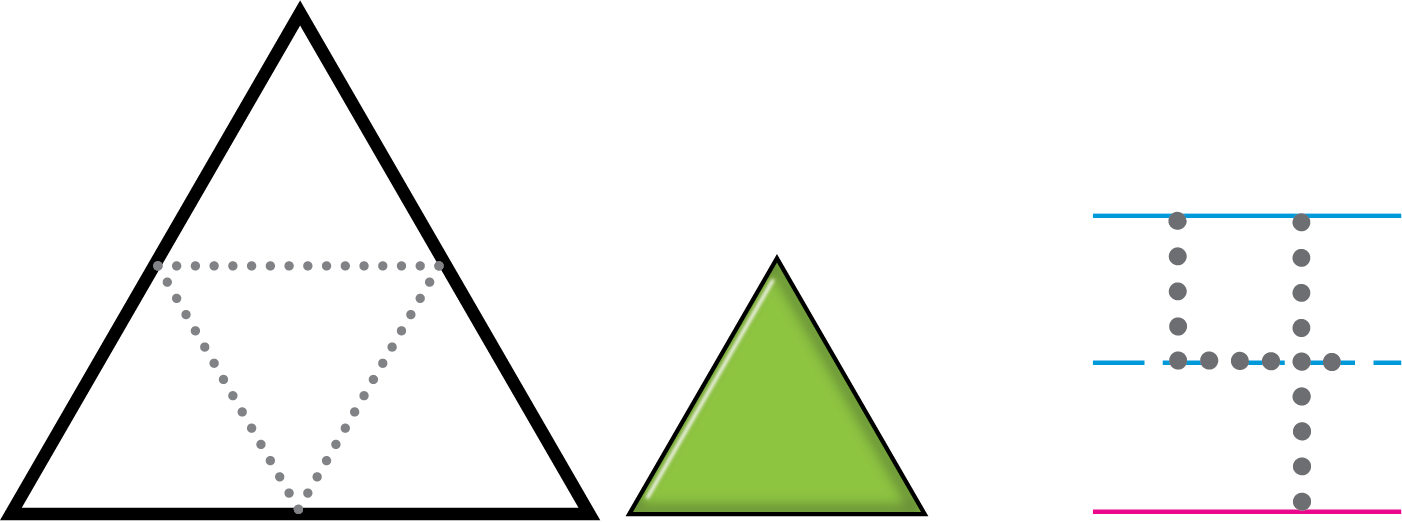 A big triangle and a small triangle. Dots split the large triangle into 4 small triangles. Dots prompt writing the number 4.
