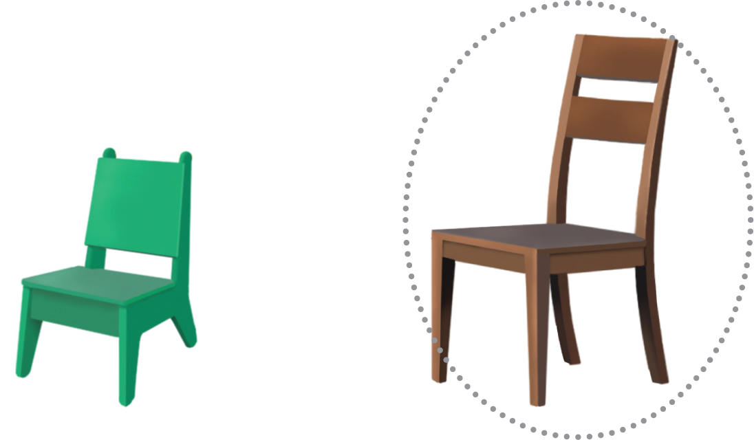 2 chairs. The one on the left is shorter. Dots prompt circling the one on the right. 