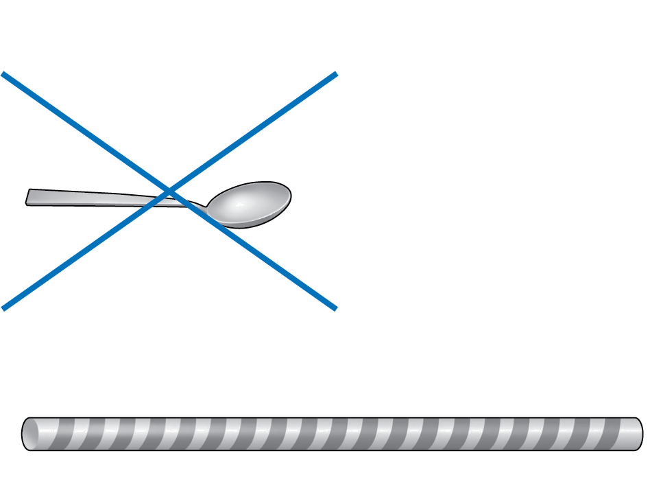 A spoon and a straw. They start at the same place on the left. The straw goes farther to the right. An X marks the spoon.