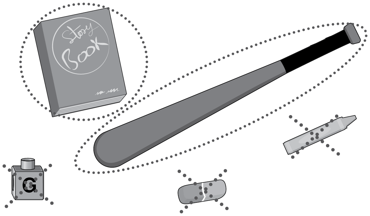 A book and baseball bat are circled. A connecting cube, an eraser, and a crayon have Xs through them.
