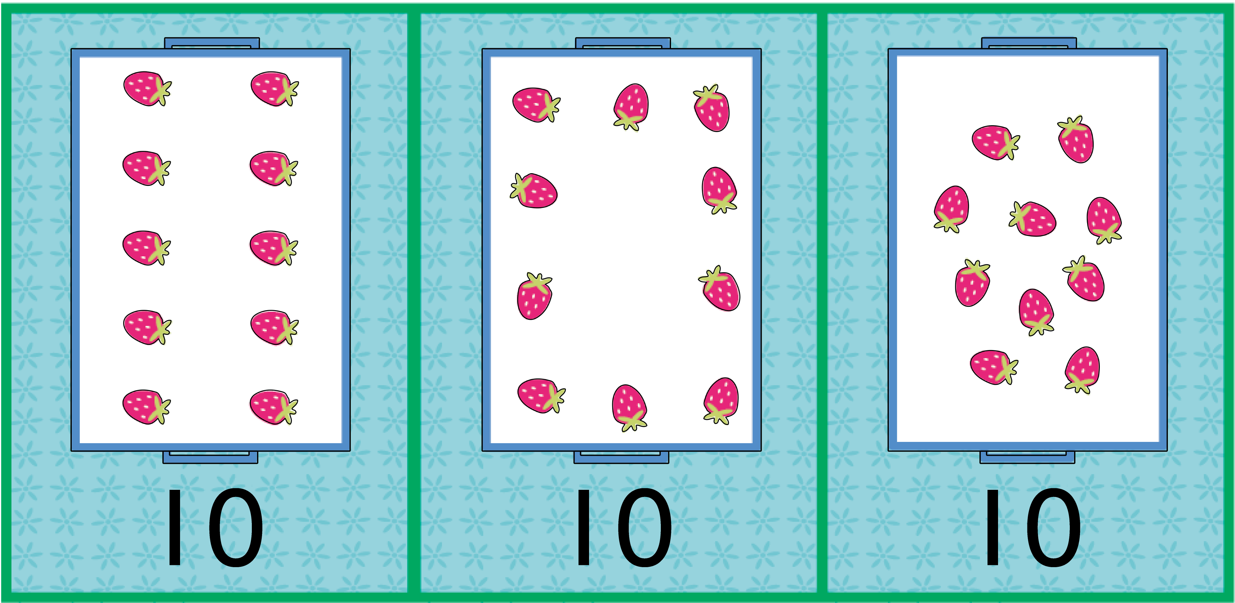 3 pans of 10 strawberries. Each pan shows the strawberries in different arrangements.