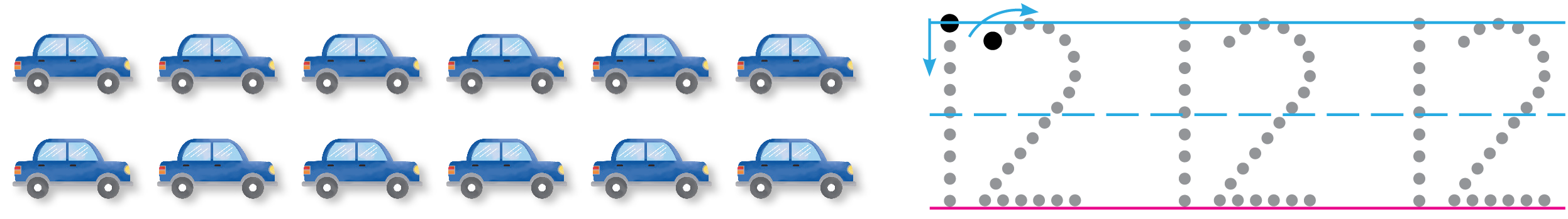 12 cars. Dot prompts to write the number 12 three times.