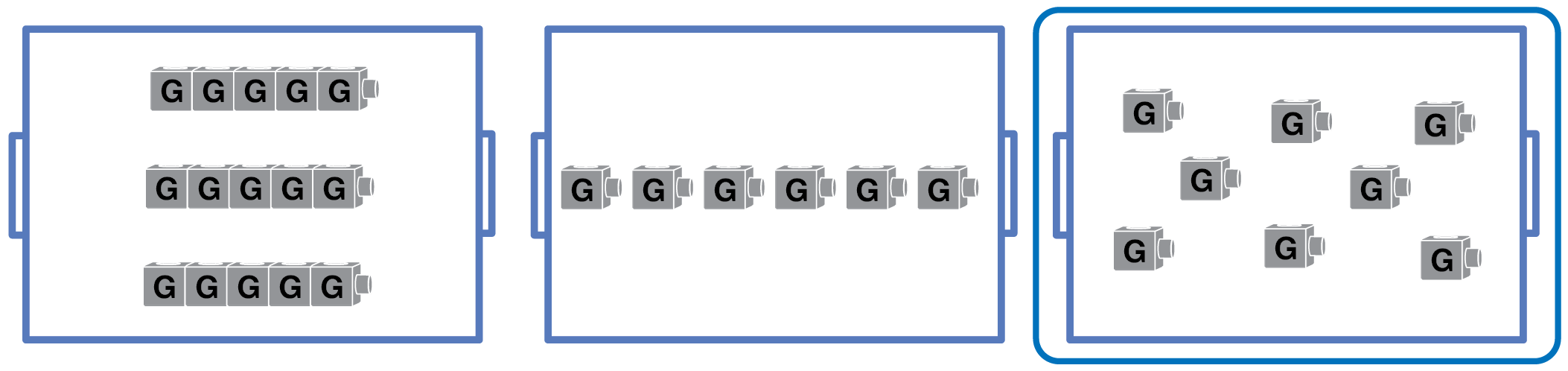 Three trays of cubes. The first tray has 15 cubes. The second tray has 6 cubes. The third tray has 8 cubes. The third tray is circled.